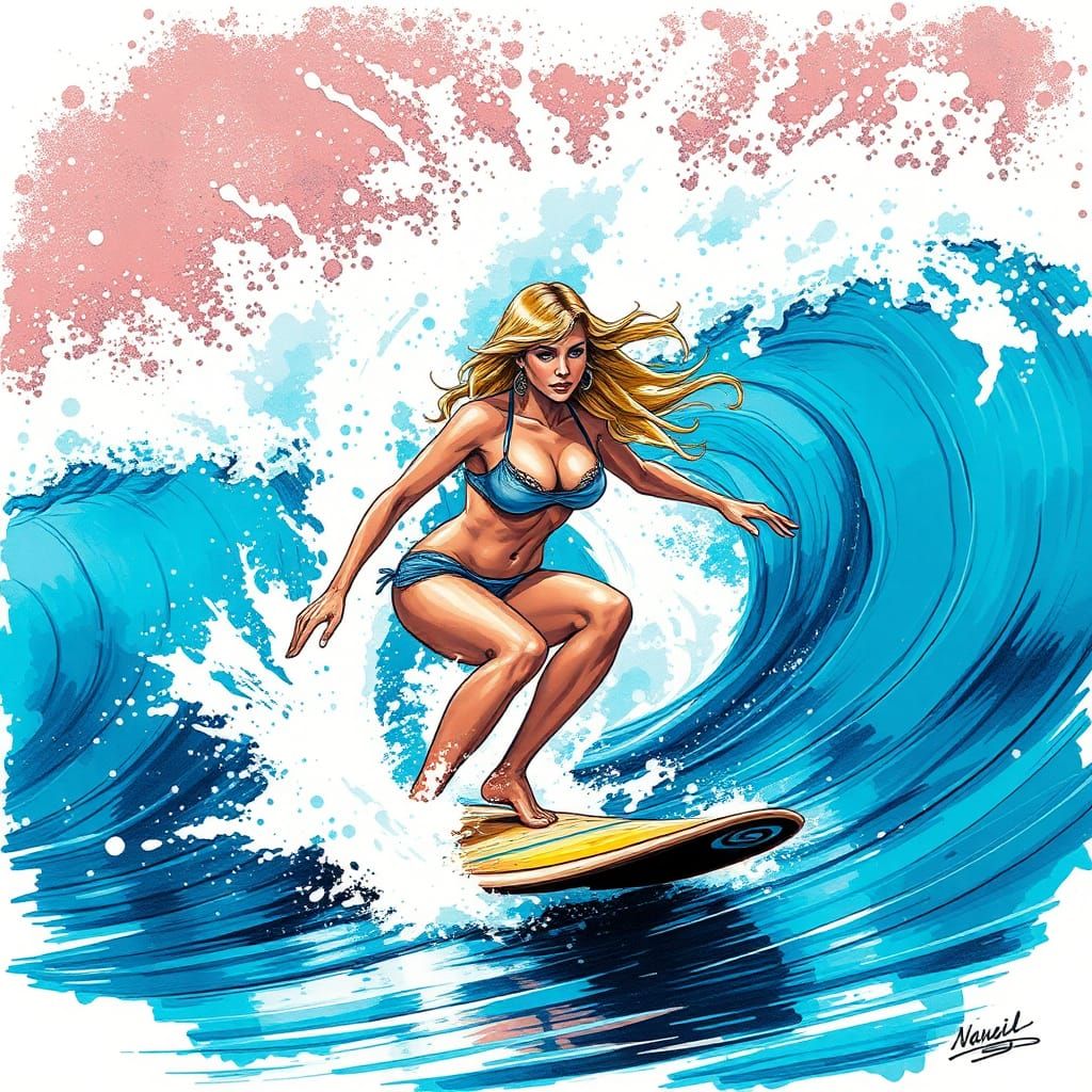 Surfing Woman in Ink Splatter Art