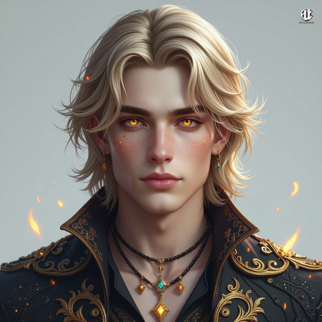 Hyperrealistic Fantasy Man With Fiery Golden Eyes