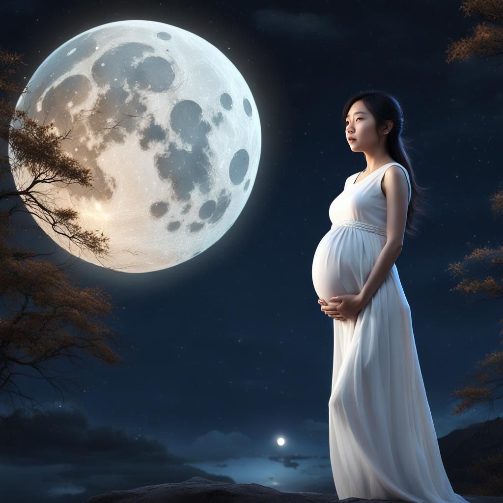 Pregnant Woman Gazing at Moon in Fantasy Art Style