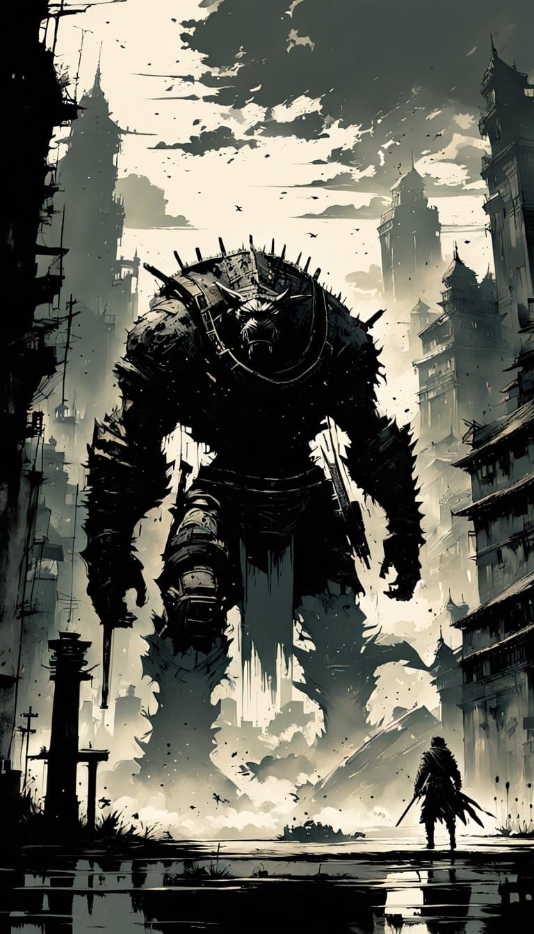 Yoji Shinkawa-Style Colossus Battles Dinosaurs in a Monochro...