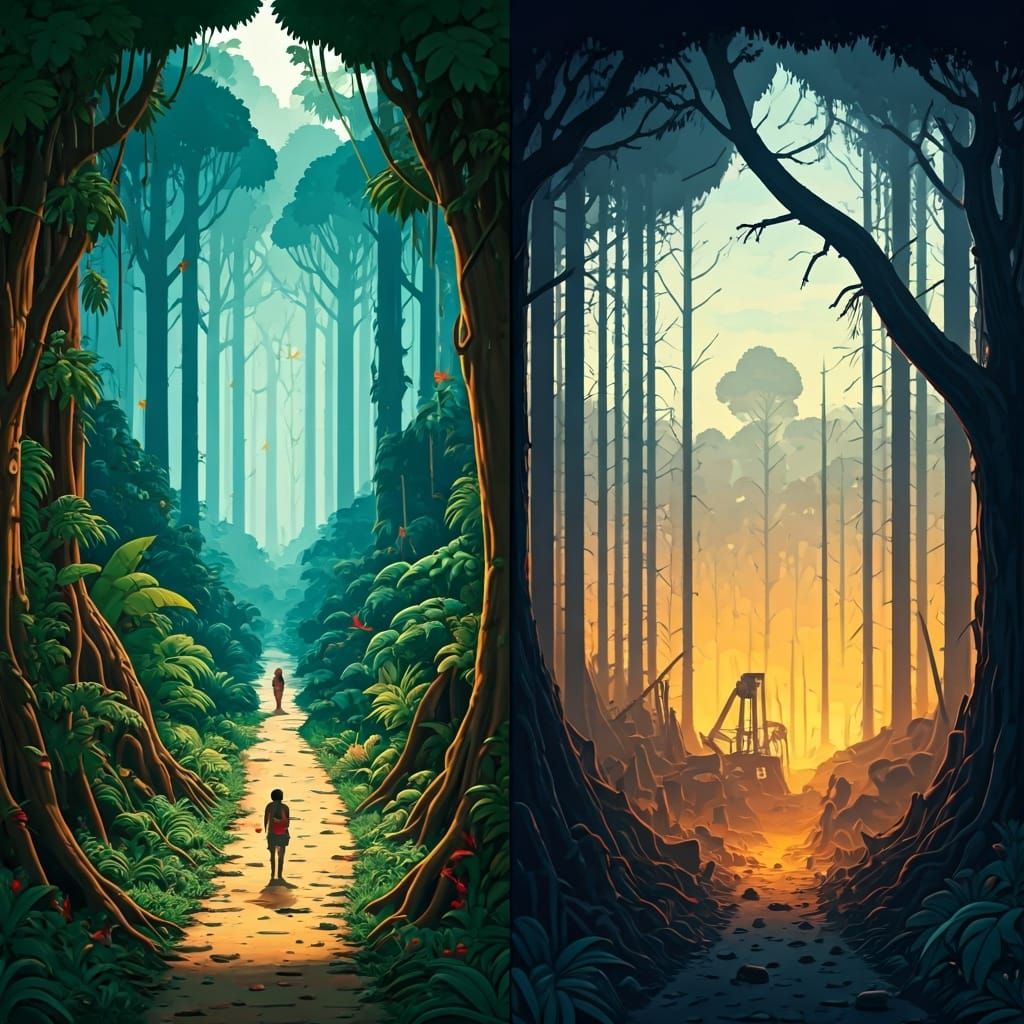 Create a two-panel image of the Amazon Rainforest. Left pane...