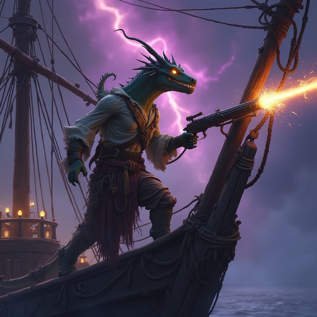 Dragon-Man Pirate Ascends Mystical Ship's Rigging with Laser...