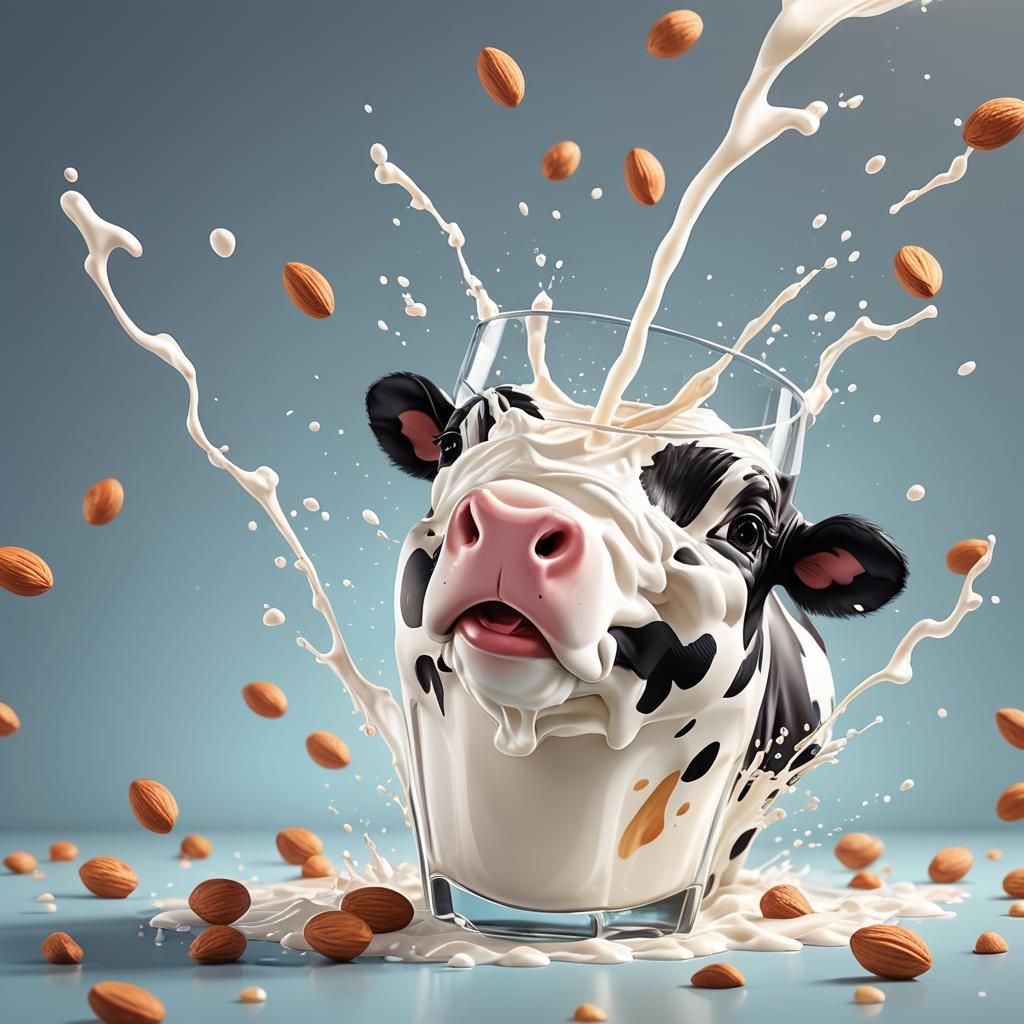 Cartoon Cow Pours Almond Milk: Vibrant Digital Art