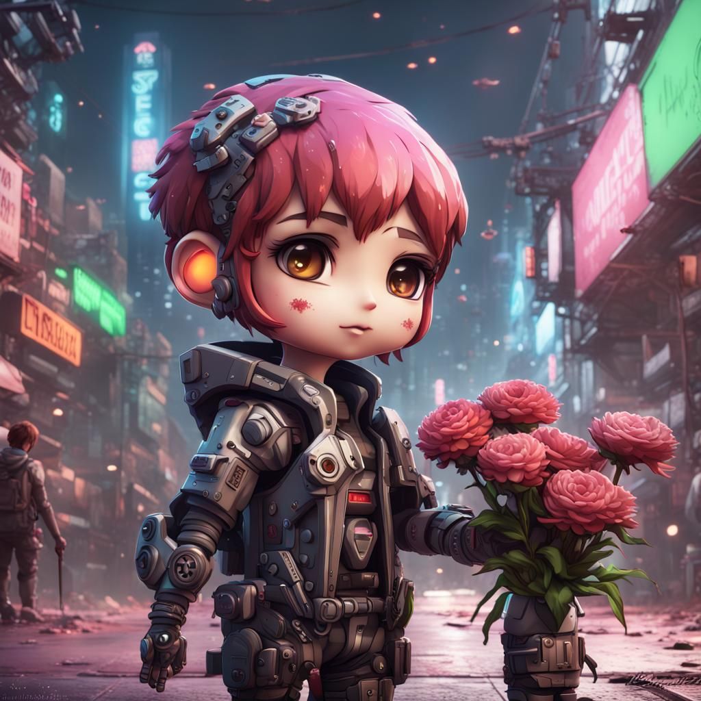 Chibi Boy Gives Flowers to Cyborg Girl