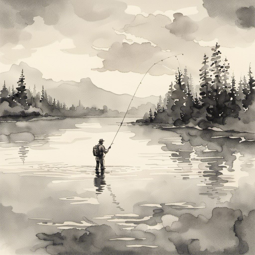 Monochromatic Watercolor Man Fly Fishing on Lake