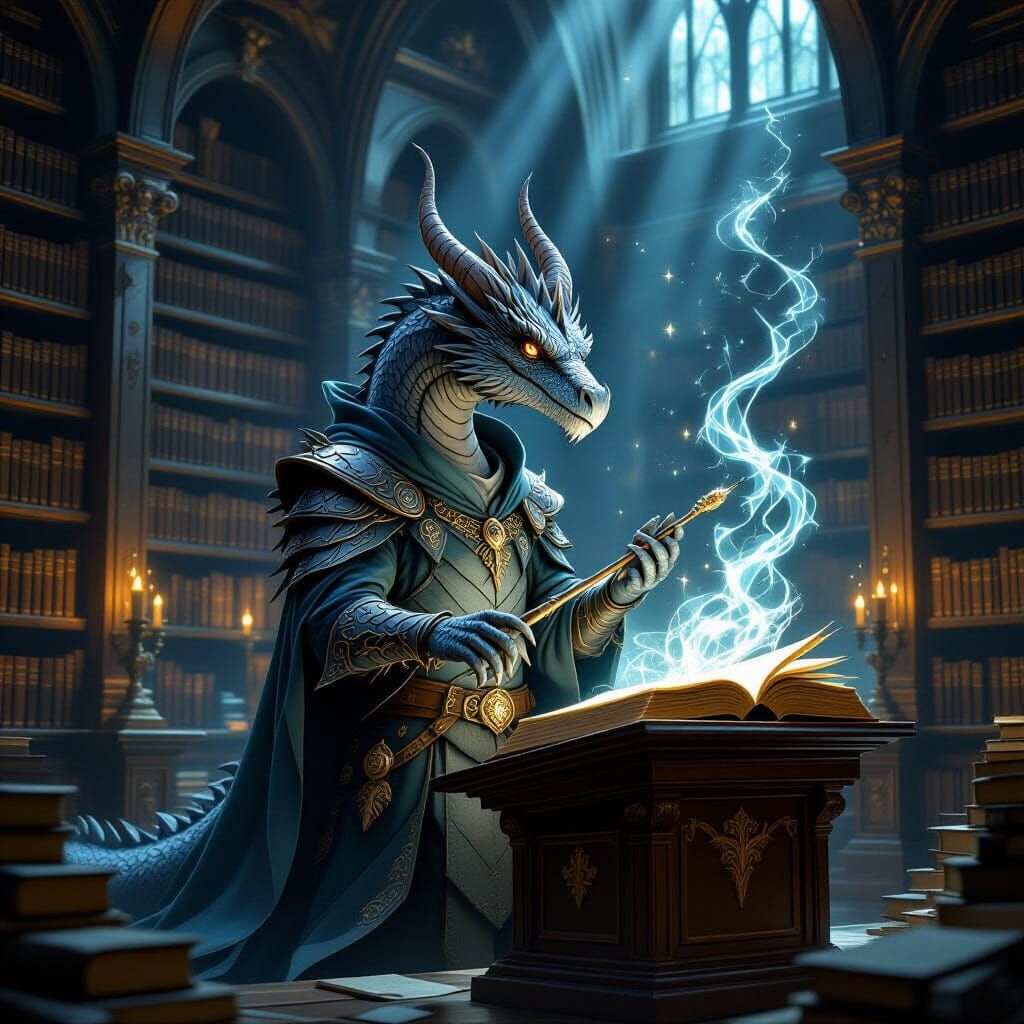 Grey Dragon Wizard Conjures Magic in Library