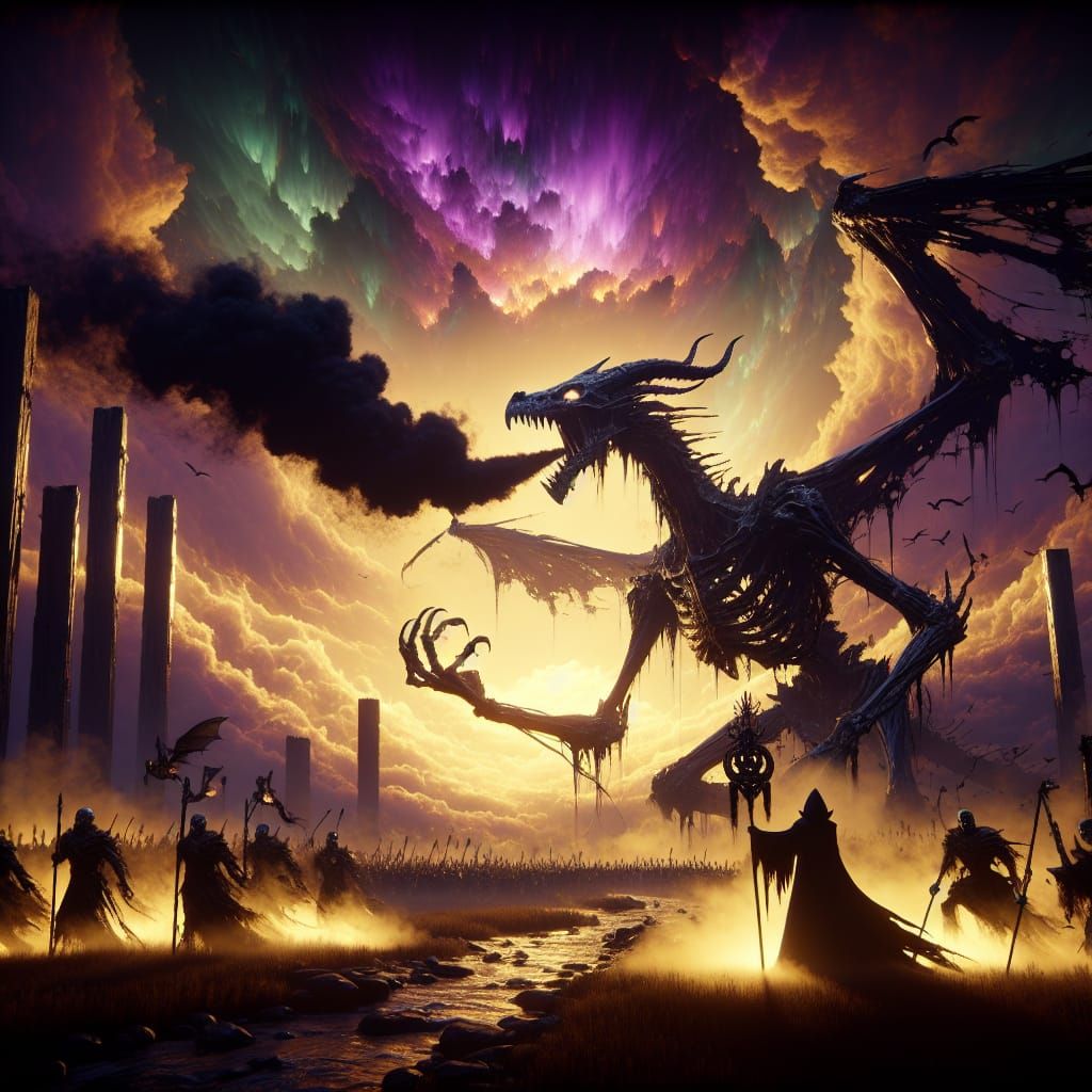 Skeletal Dragon Leading Undead Army in Art Nouveau Style