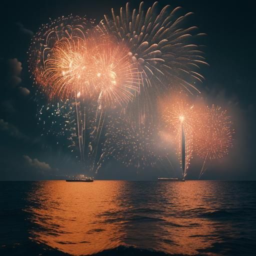 Ocean Balloons and Fireworks: Hyperrealistic Image