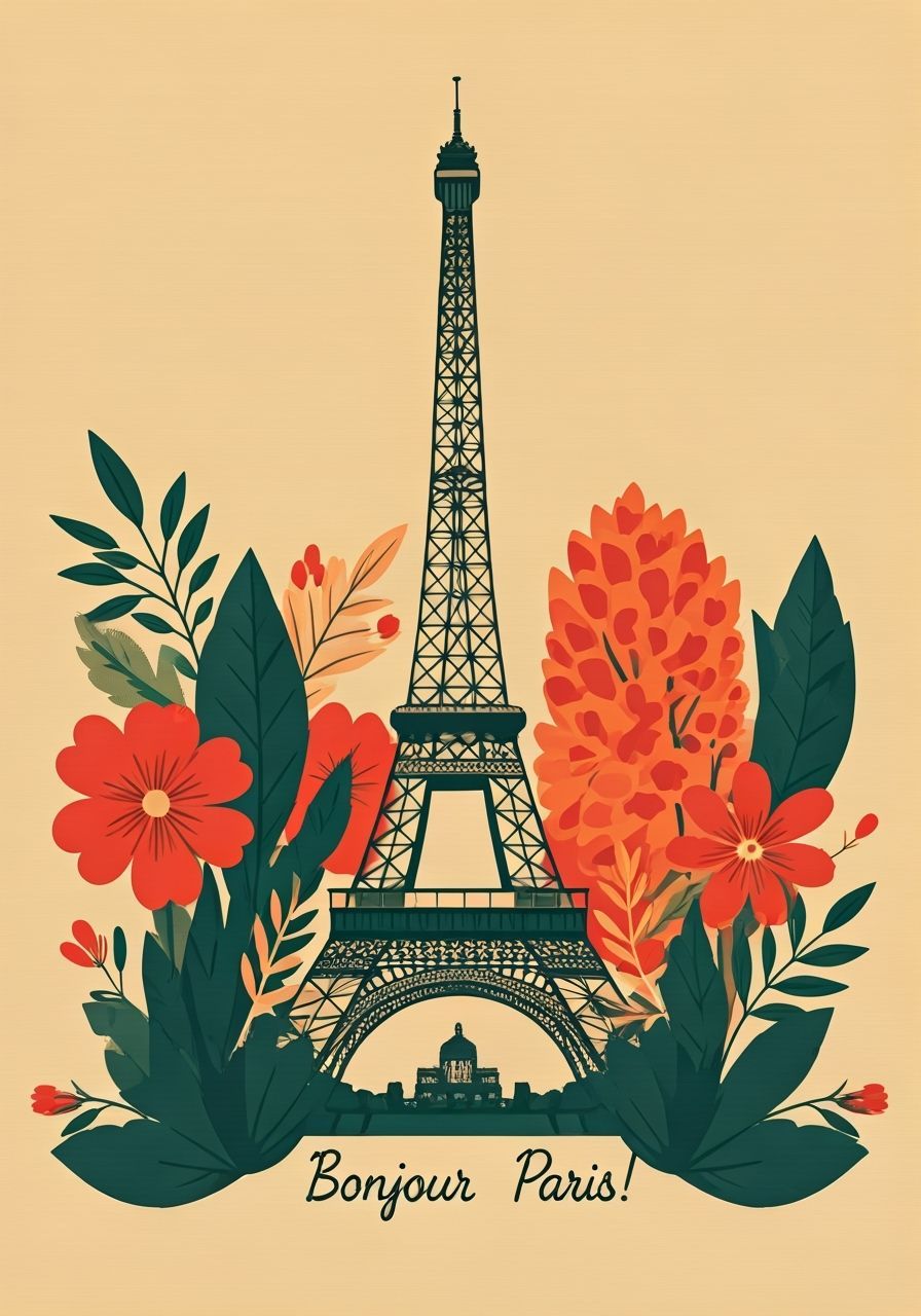 Eiffel Tower with Floral Elements in Mid-Century Style