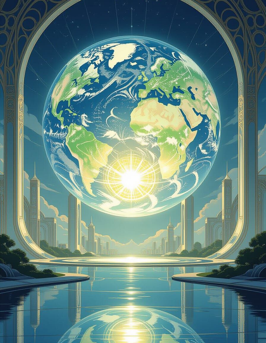 Glowing Gemstone Sphere Over Futuristic Cityscape