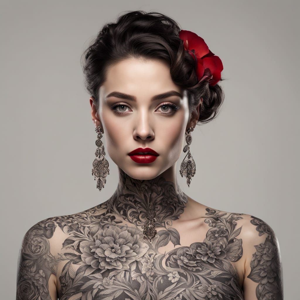 Woman With Intricate Tattoos and Red Poppy