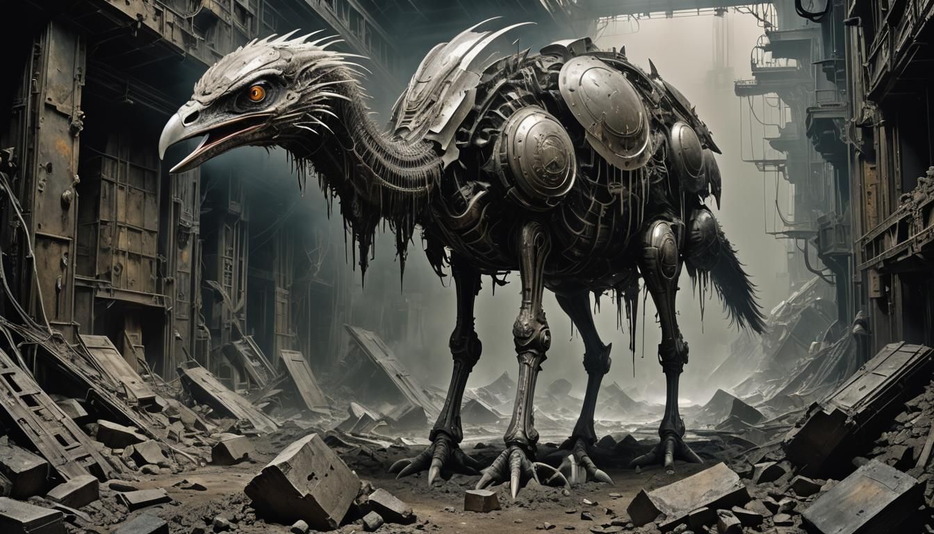 Biomechanical Ostrich Wreaks Havoc: Futuristic Art