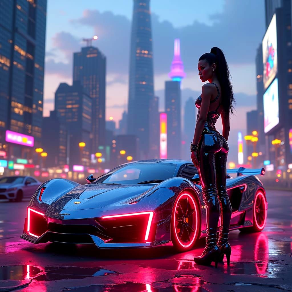 Girl with Fast Car in Future, Detailed Matte Painting