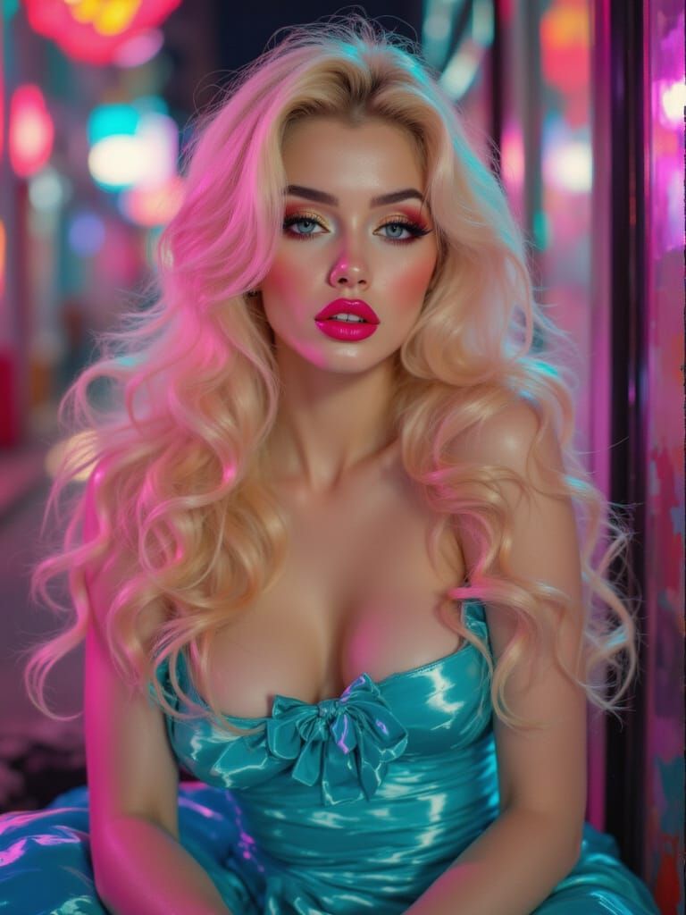 Pin Up Woman With Pink Tipped Hair In Metallic Dress