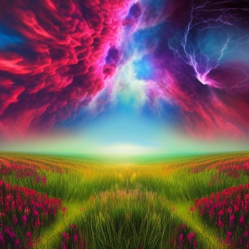 Photorealistic Meadow with Billowing Nebulae