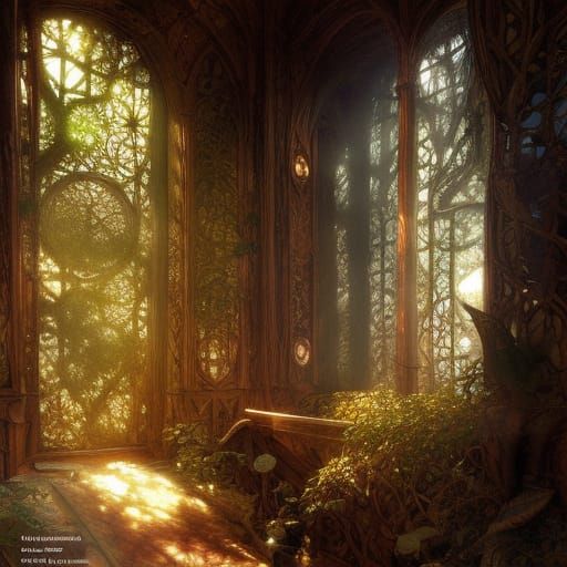 Mirkwood Staircase Fantasy Illustration in Art Nouveau Style