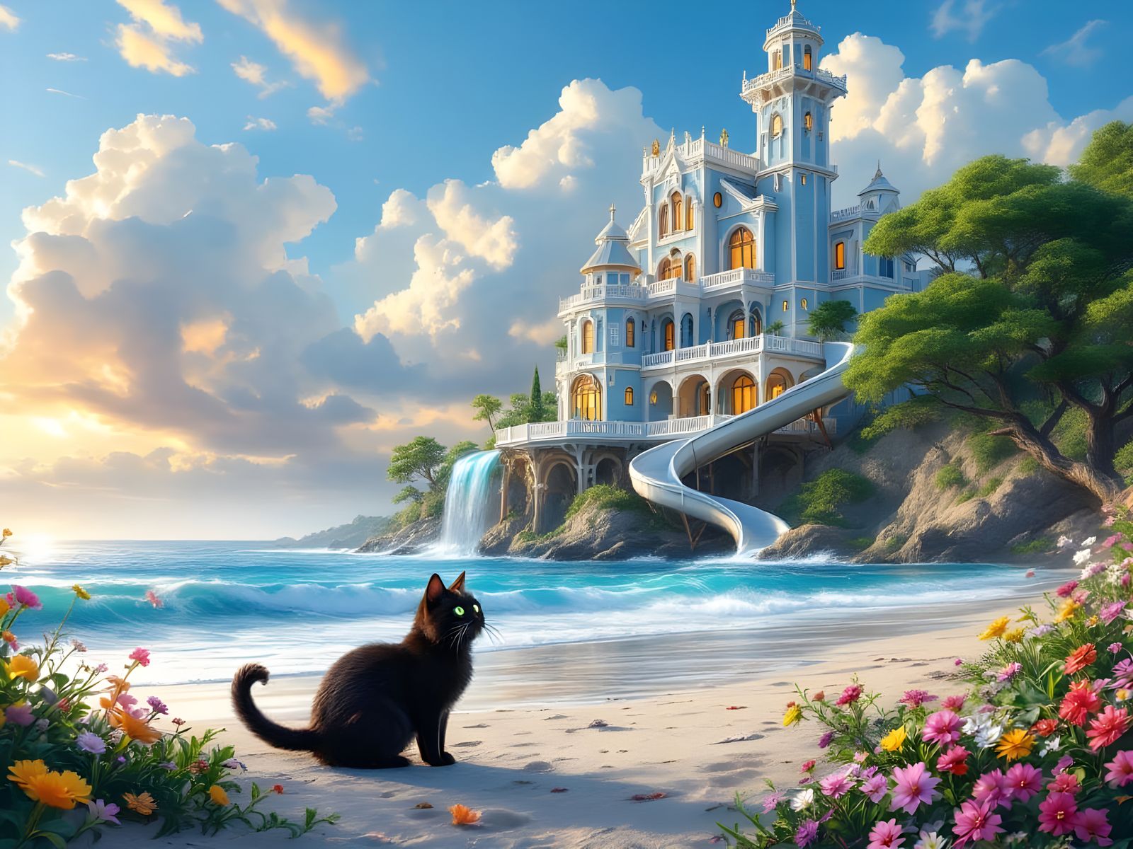 Surreal Beachside Mansion with Adorable Black Cat in Whimsic...