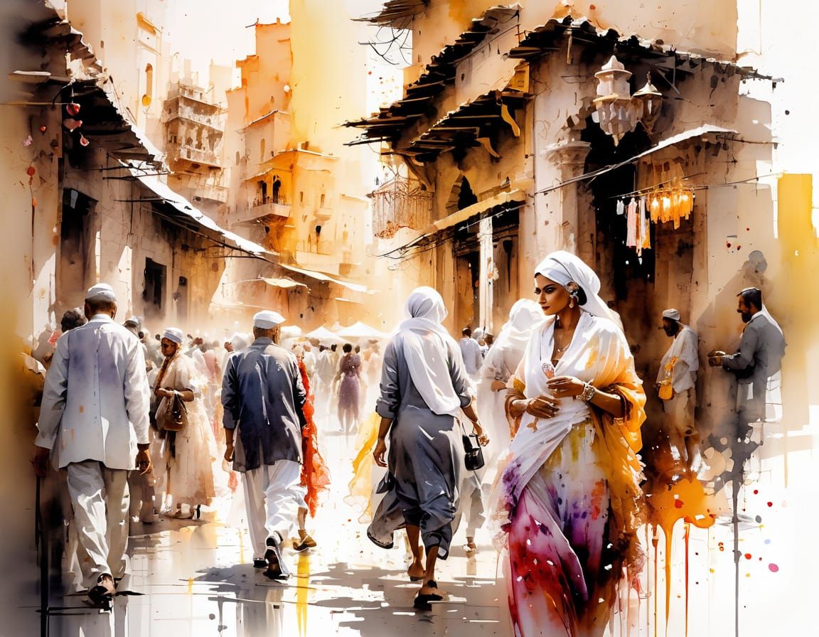 Amber-Hued Moroccan Bazaar in Watercolor Style