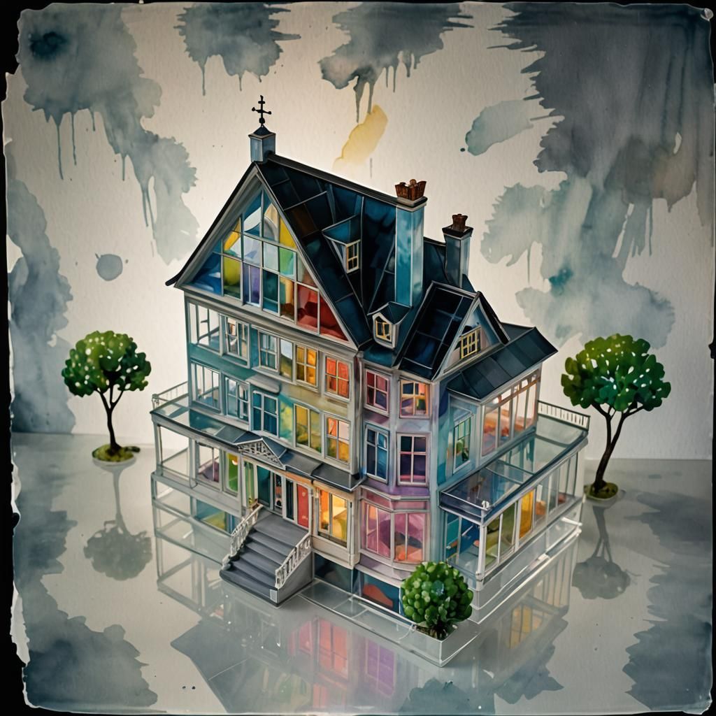Glass Dollhouse: A Dreamscape in Watercolor and Oil