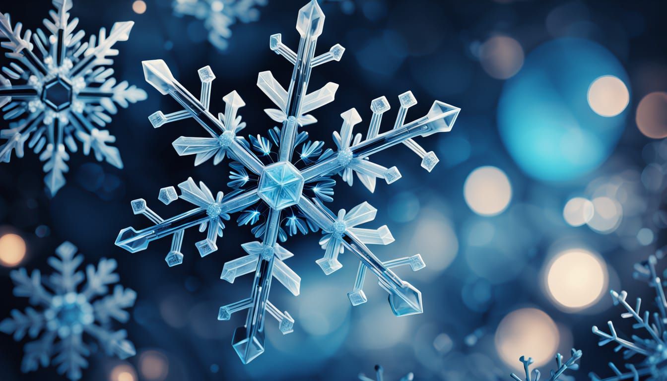Intricate Glowing Snowflakes in Deep Blue Bokeh