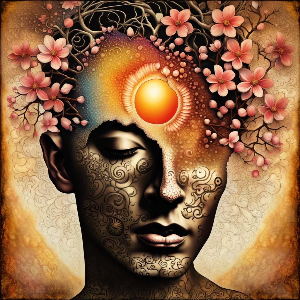 Surreal Man's Face with Blossoms in a Melting Style