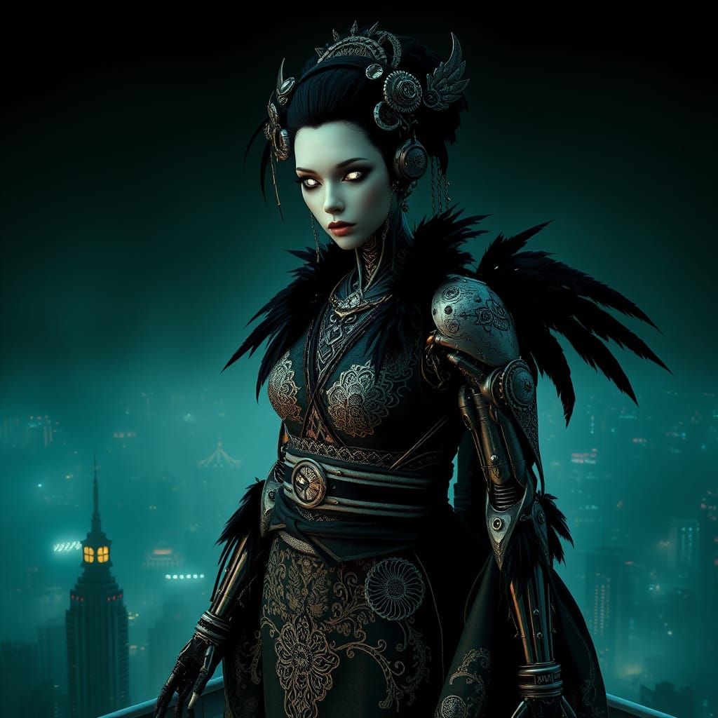 Ethereal Gothic Cyborg Geisha in a Misty Cyberpunk Cityscape