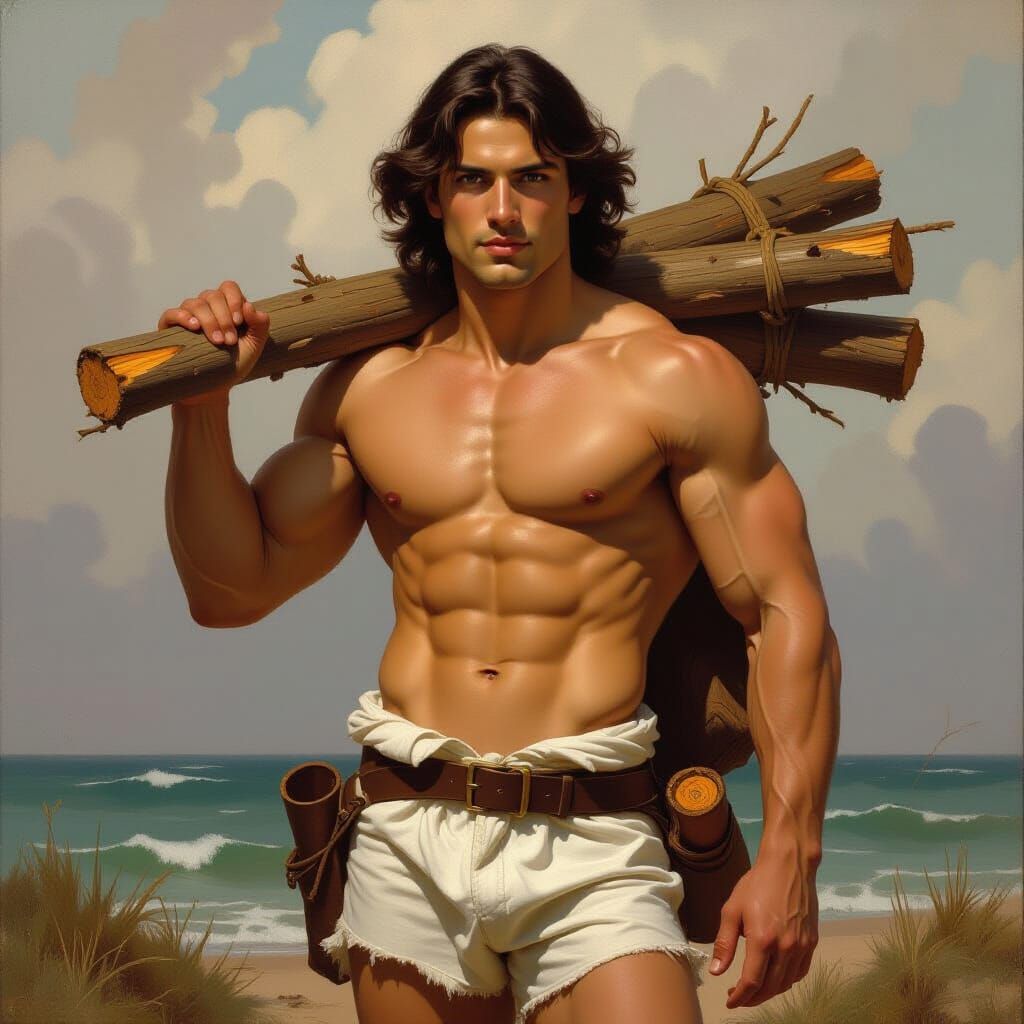 Muscular Man Carries Firewood in Romantic Style