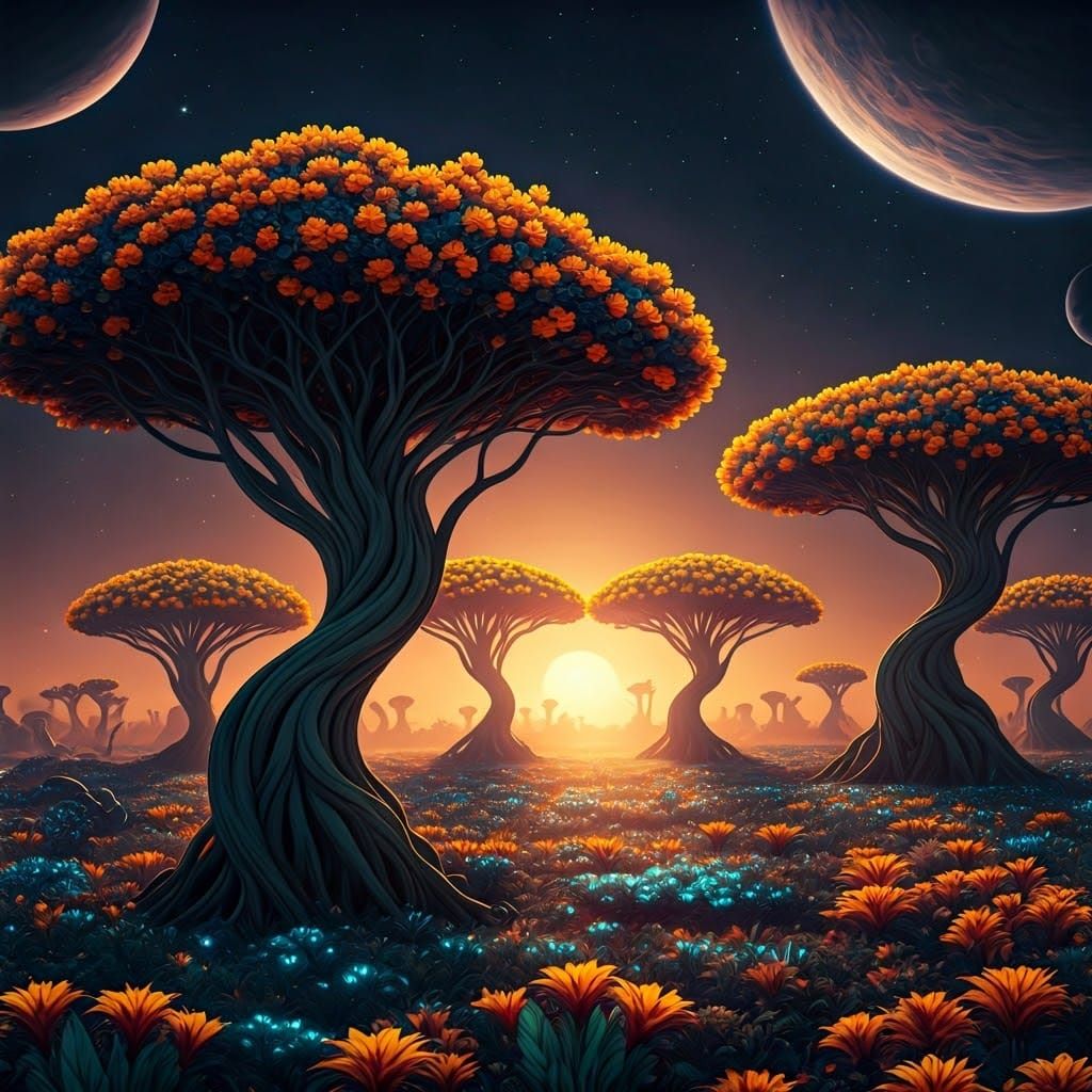 Futuristic Alien Landscape with Bioluminescent Flora