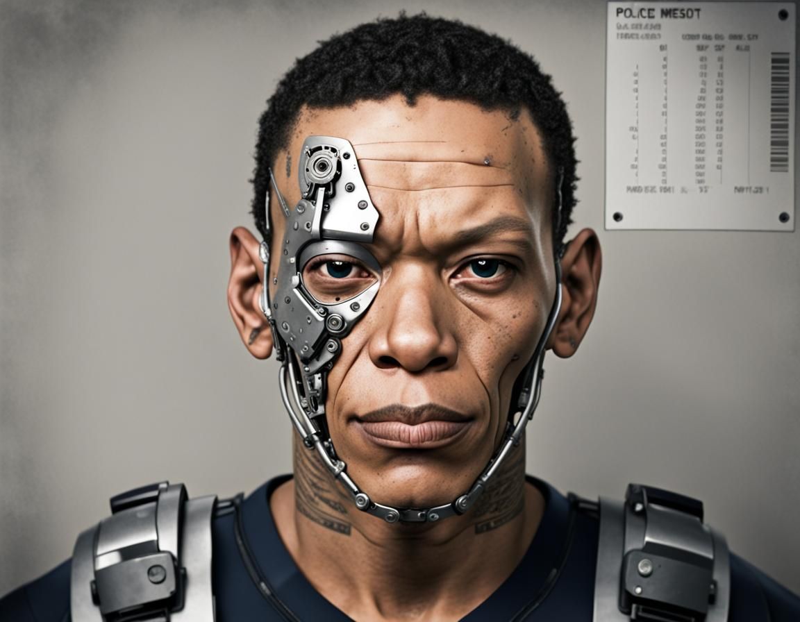 Cyborg Police Mugshot: Stark Portrait