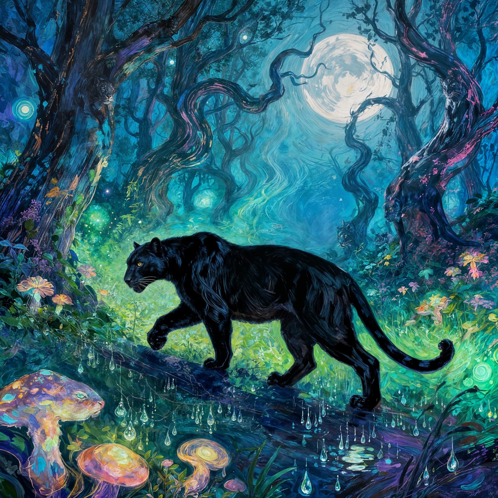Black Panther in Bioluminescent Dream Forest