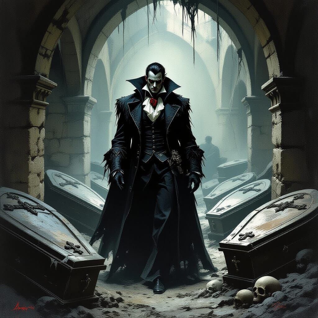 Vampire in Ancient Crypt, Dark Fantasy Art Style