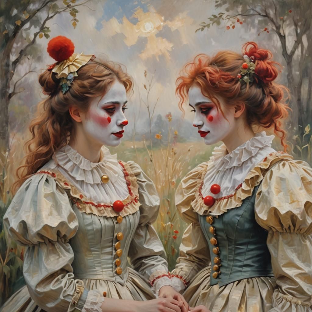 Impressionist Portrait of Two Girls as Clowns