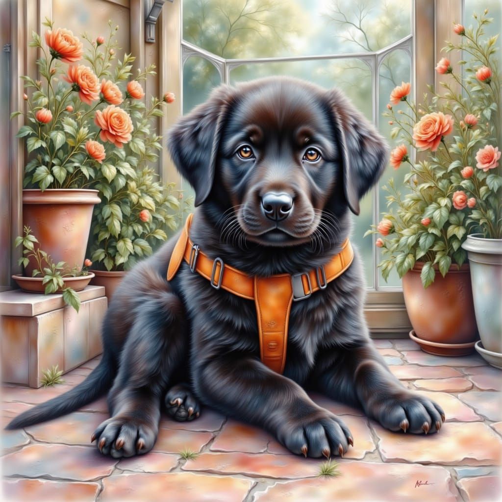 Black Lab Puppy on Patio in Sunny Garden, Airbrushed Oil Pai...