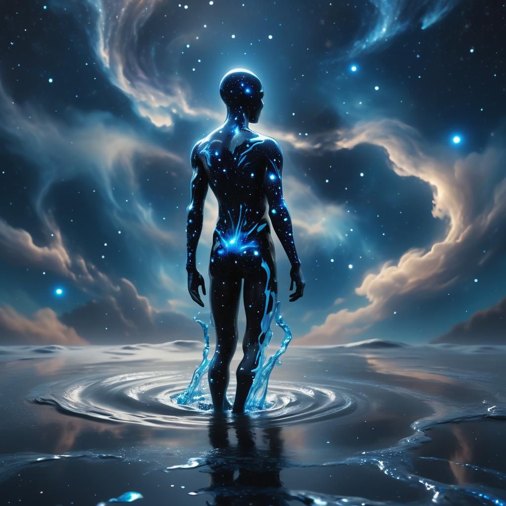Translucent Star Humanoid Walks on Cosmic Sea