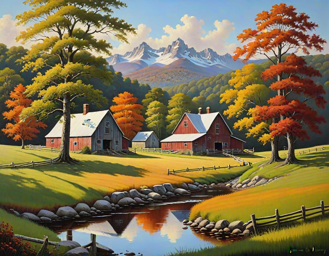 Idyllic Farm Landscape as Oil Painting