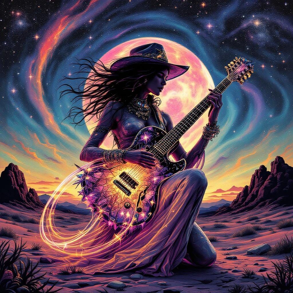 Cosmic Cowgirl Strums Guitar on Psychedelic Plain