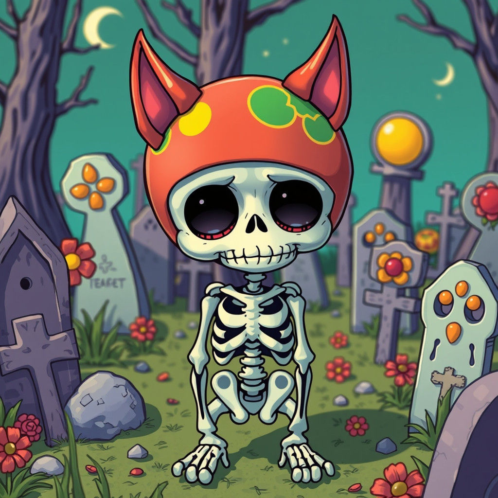 Dejected Skeleton in Cemetery with Vintage Aesthetics