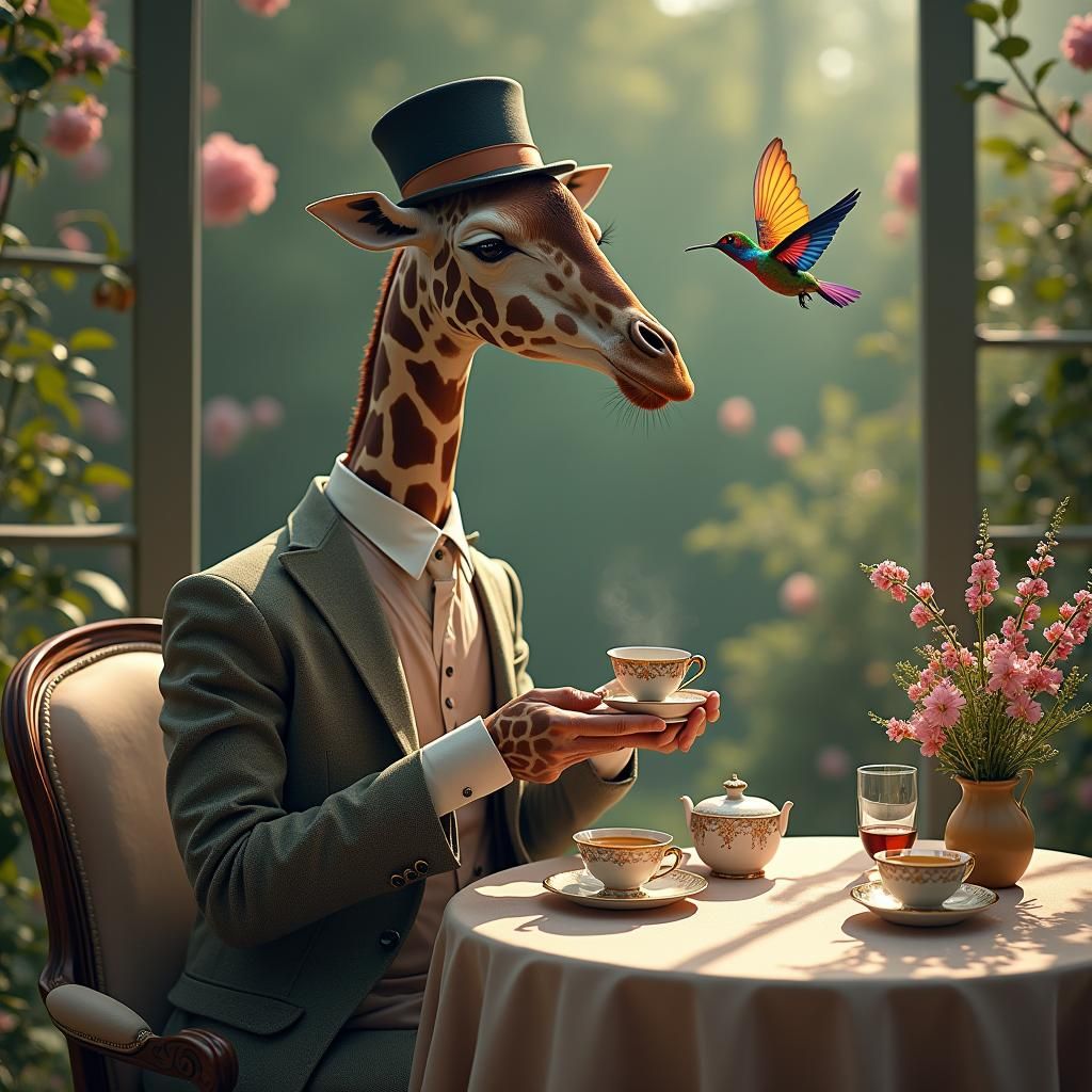 Victorian Giraffe Gentleman Sipping Tea in Garden