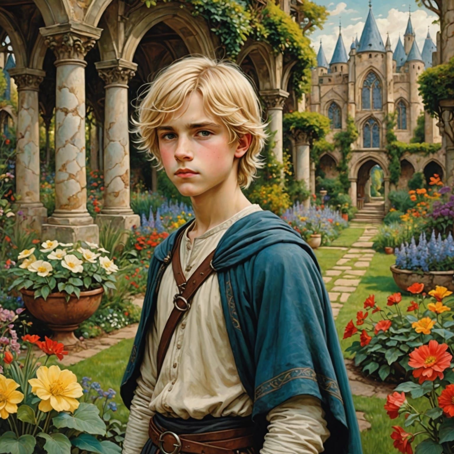 Medieval Blond Boy in Fantasy Garden