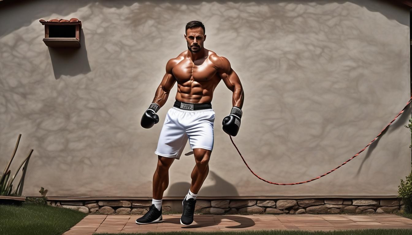 Muscular Man Training in Backyard, Digital Art