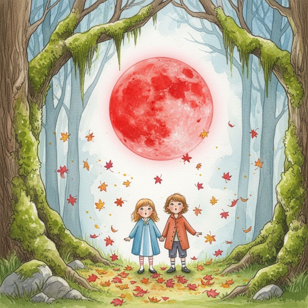 Children in Magical Forest Under Red Moon