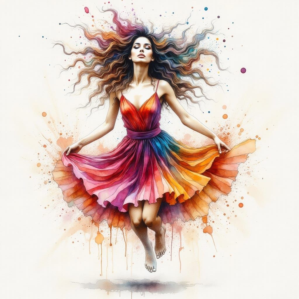 Expressive Watercolor of Dancer in Mid-Leap