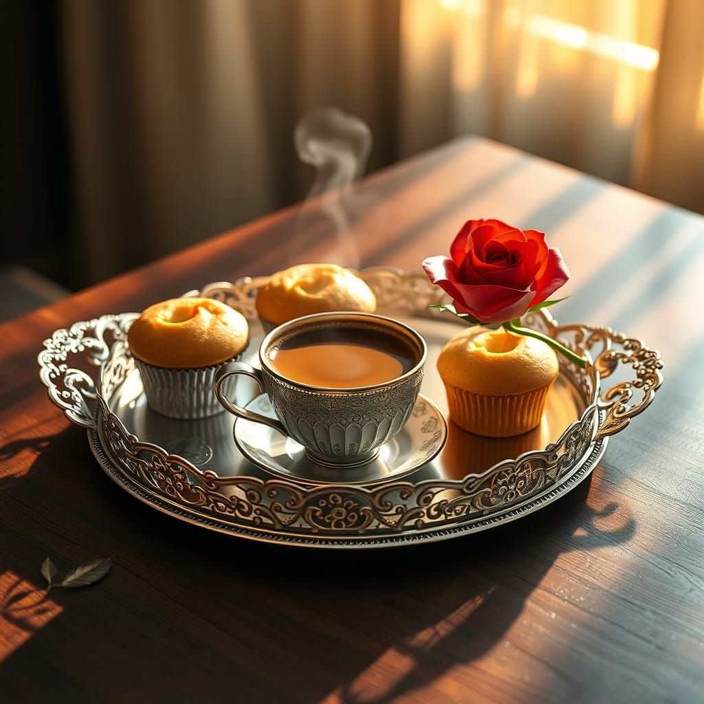 Elegant Silver Tray with Coffee, Muffins, and a Red Rose