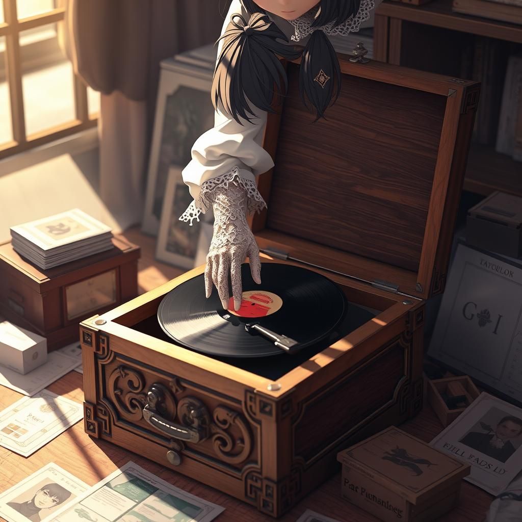 Girl Packing Vinyl Record in Detailed 3D Anime Art