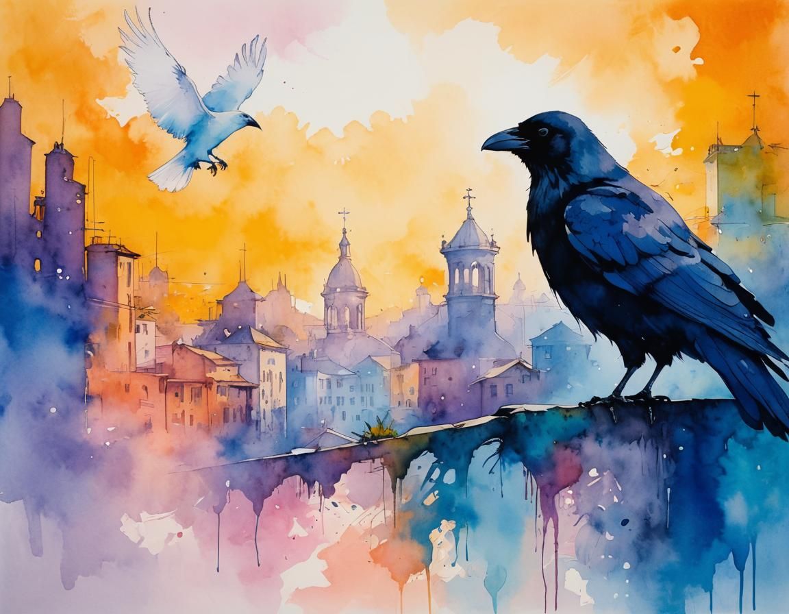 Crow and Dove Dancing in Morning Fog Watercolor