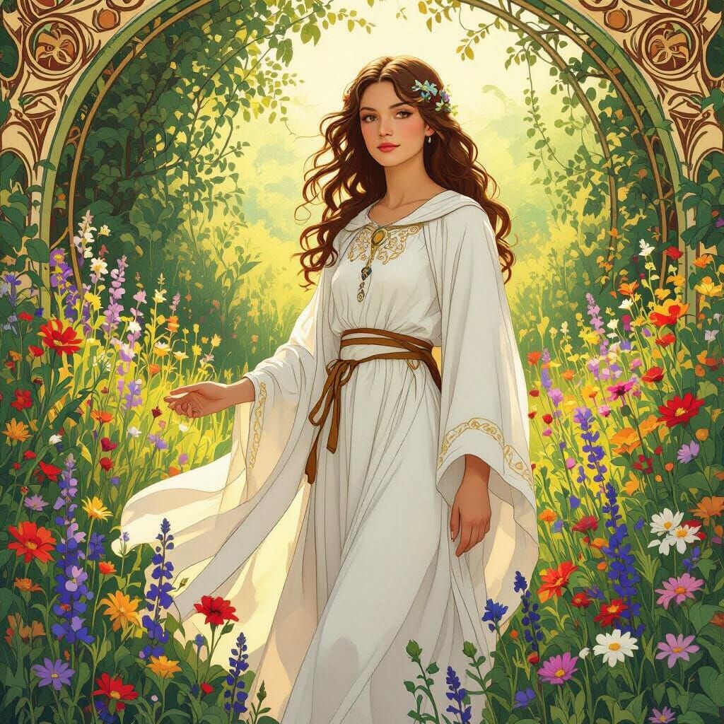 Priestess in Garden, Art Nouveau Style