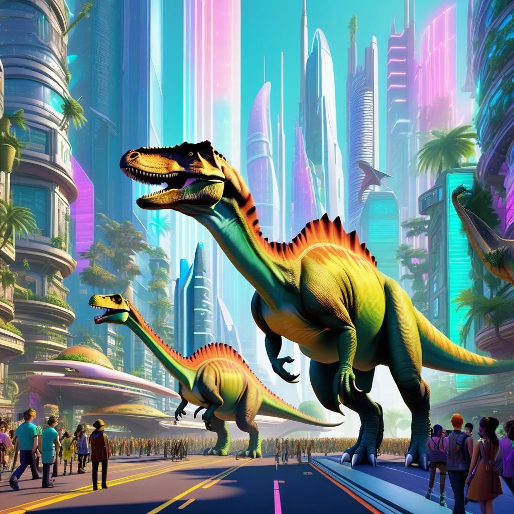 Dinosaur Parade in Futuristic Solarpunk City