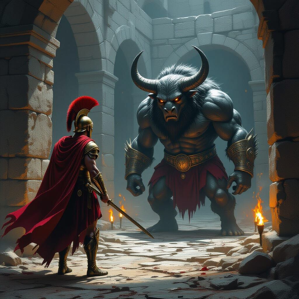 Theseus Battles the Minotaur in Dark Labyrinth