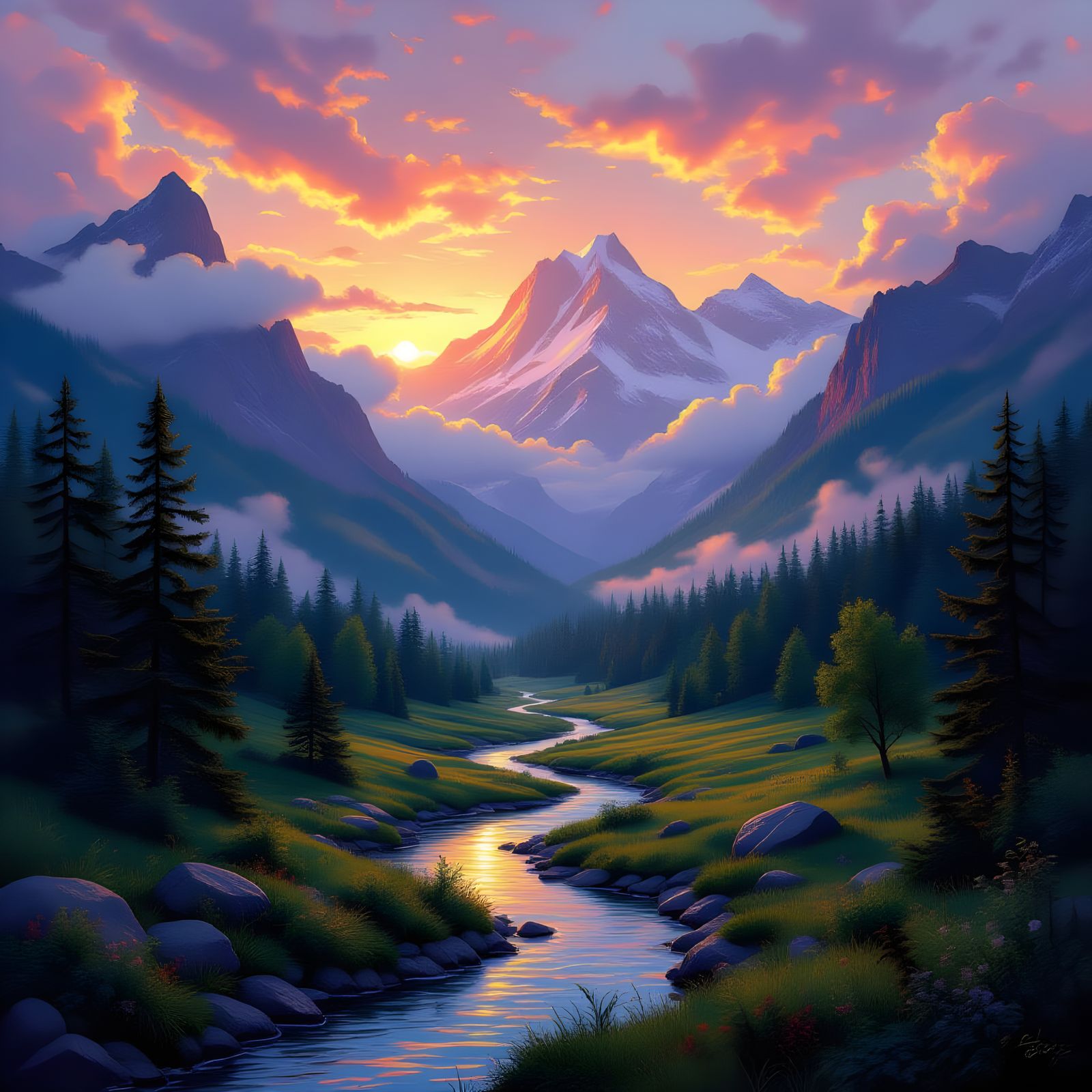 Realistic Mountain Valley Stream at Sunset