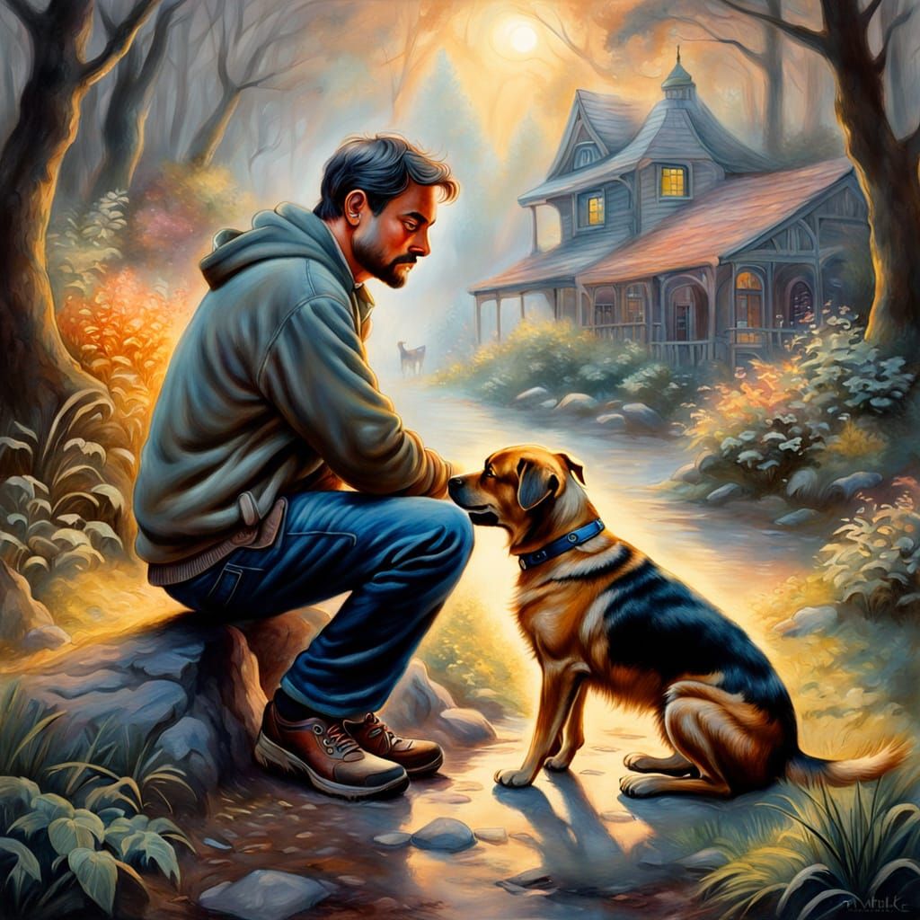 Man and Dog in Ethereal Charcoal Gouache Painting